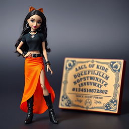 A stylish Bratz doll character wearing a black t-shirt and an orange skirt, complemented by long black boots