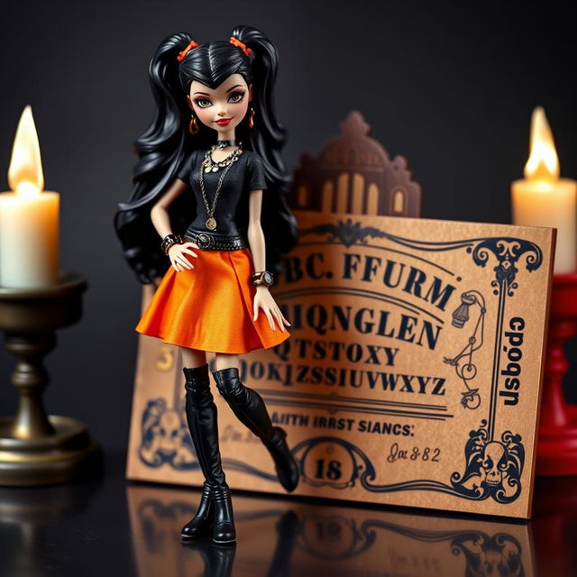 A stylish Bratz doll character wearing a black t-shirt and an orange skirt, complemented by long black boots