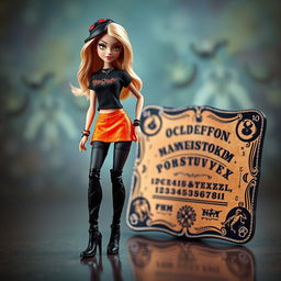 A stylish Bratz doll character wearing a black t-shirt and an orange skirt, complemented by long black boots