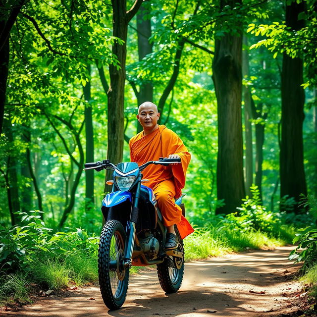 A serene monk in traditional saffron robes riding a dirt bike through a lush green forest