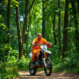 A serene monk in traditional saffron robes riding a dirt bike through a lush green forest