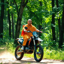 A serene monk in traditional saffron robes riding a dirt bike through a lush green forest