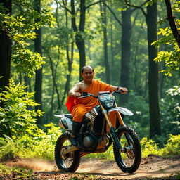 A serene monk in traditional saffron robes riding a dirt bike through a lush green forest