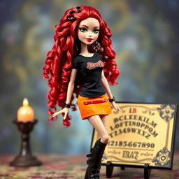 A stylish Bratz doll with long, curly red hair wearing a black t-shirt and an orange skirt, complemented by long black boots