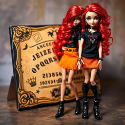 A stylish Bratz doll with long, curly red hair wearing a black t-shirt and an orange skirt, complemented by long black boots