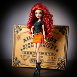 A stylish Bratz doll with long, curly red hair wearing a black t-shirt and an orange skirt, complemented by long black boots