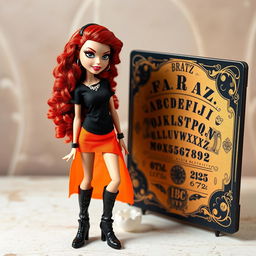 A stylish Bratz doll with long, curly red hair wearing a black t-shirt and an orange skirt, complemented by long black boots