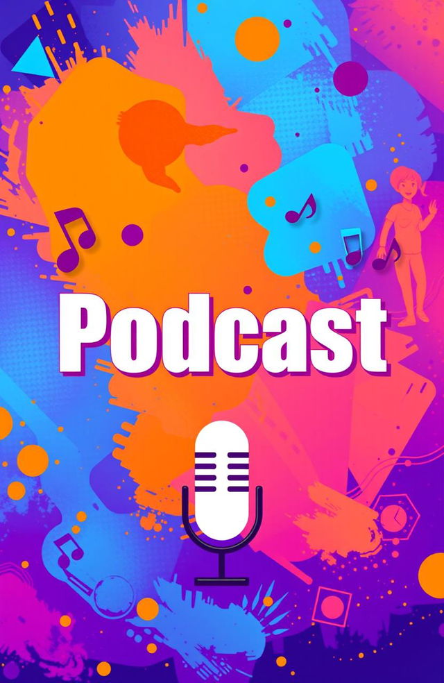 A vibrant and eye-catching podcast cover design that features bold typography for the podcast title prominently displayed at the center