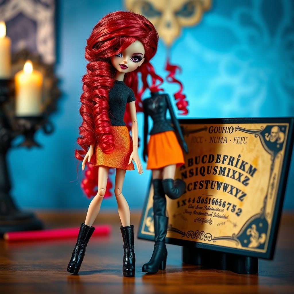A fashionable Bratz doll with striking black eyes and long curly red hair, dressed in a black t-shirt and an orange skirt, beautifully complemented by long black boots