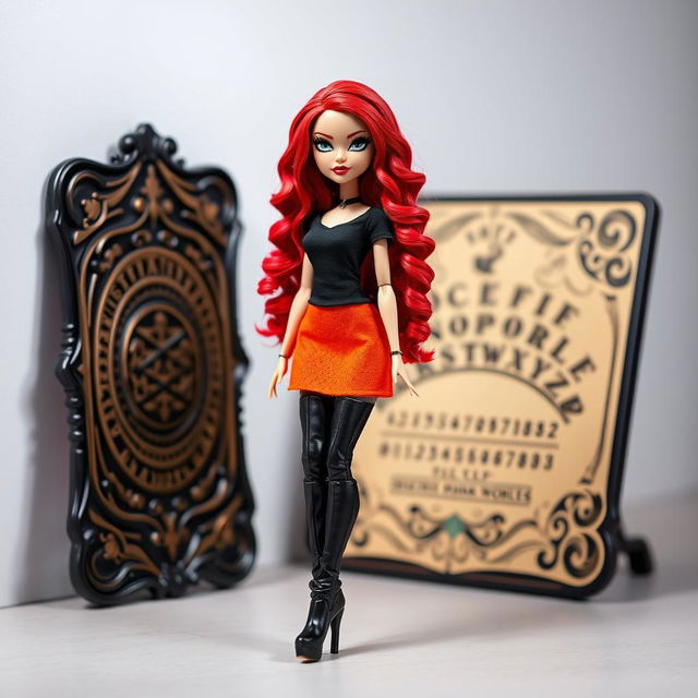 A fashionable Bratz doll with striking black eyes and long curly red hair, dressed in a black t-shirt and an orange skirt, beautifully complemented by long black boots