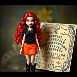 A fashionable Bratz doll with striking black eyes and long curly red hair, dressed in a black t-shirt and an orange skirt, beautifully complemented by long black boots