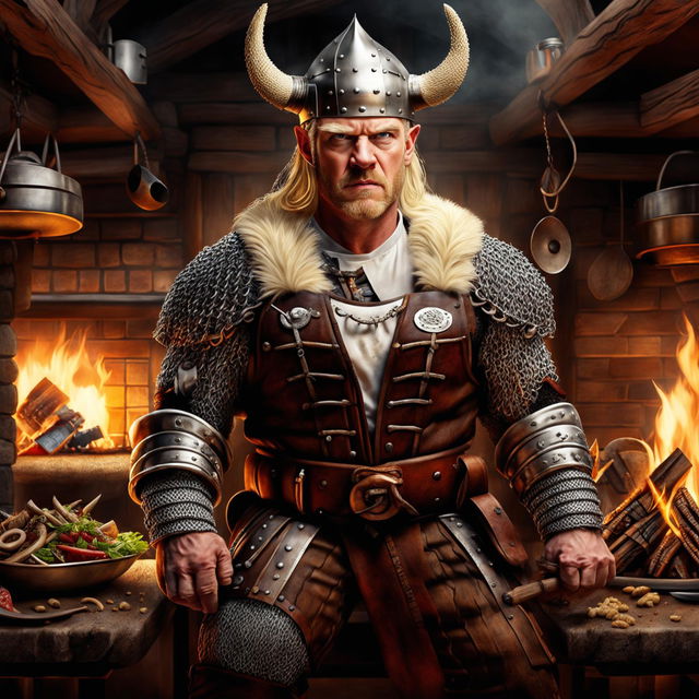 A photorealistic digital artwork that reimagines chef Gordon Ramsay as a Viking warrior