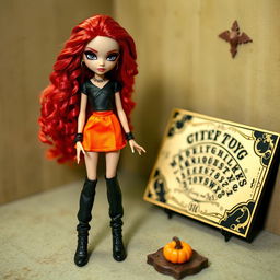 A fashionable Bratz doll with striking black eyes and long curly red hair, dressed in a black t-shirt and an orange skirt, beautifully complemented by long black boots