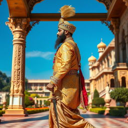 A regal Indian king in traditional attire, walking confidently from the side view