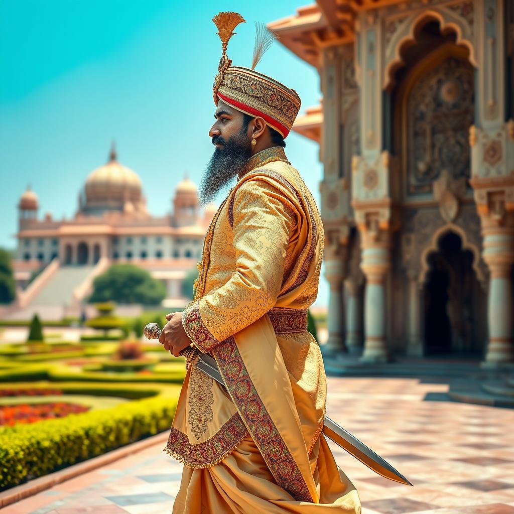 A regal Indian king in traditional attire, walking confidently from the side view