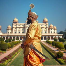 A regal Indian king in traditional attire, walking confidently from the side view