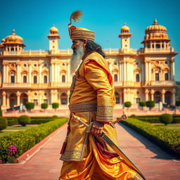 A regal Indian king in traditional attire, walking confidently from the side view