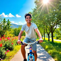 A young man named Bikram riding a bicycle down a picturesque pathway surrounded by lush green trees and colorful flowers
