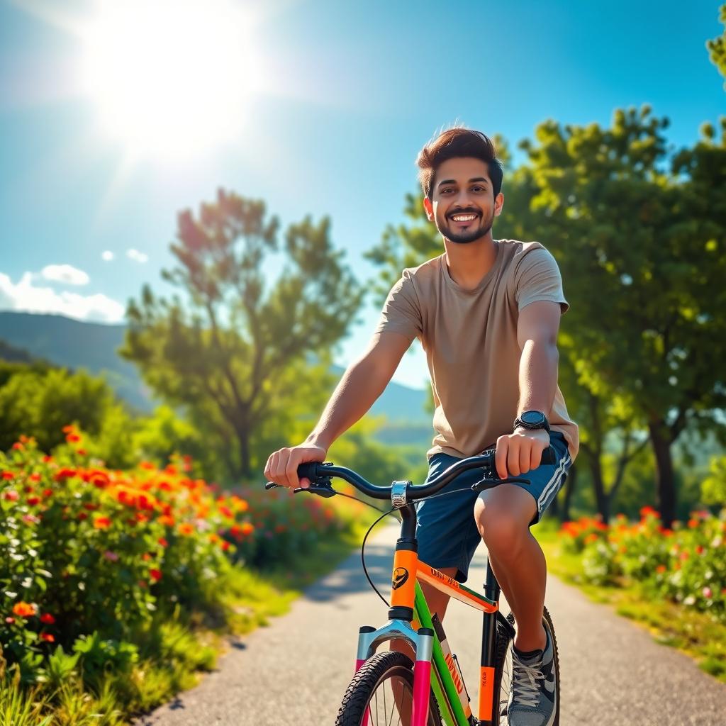 A young man named Bikram riding a bicycle down a picturesque pathway surrounded by lush green trees and colorful flowers