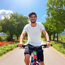 A young man named Bikram riding a bicycle down a picturesque pathway surrounded by lush green trees and colorful flowers