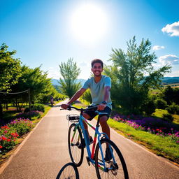 A young man named Bikram riding a bicycle down a picturesque pathway surrounded by lush green trees and colorful flowers