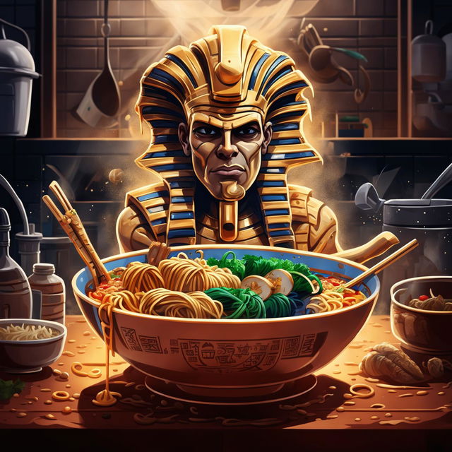 A high-quality digital art piece that reimagines the ancient Egyptian Pharaoh Tutankhamen with the personality and culinary expertise of celebrity chef Gordon Ramsay