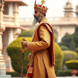 A majestic Indian king in traditional regal attire, depicted in a side view while walking