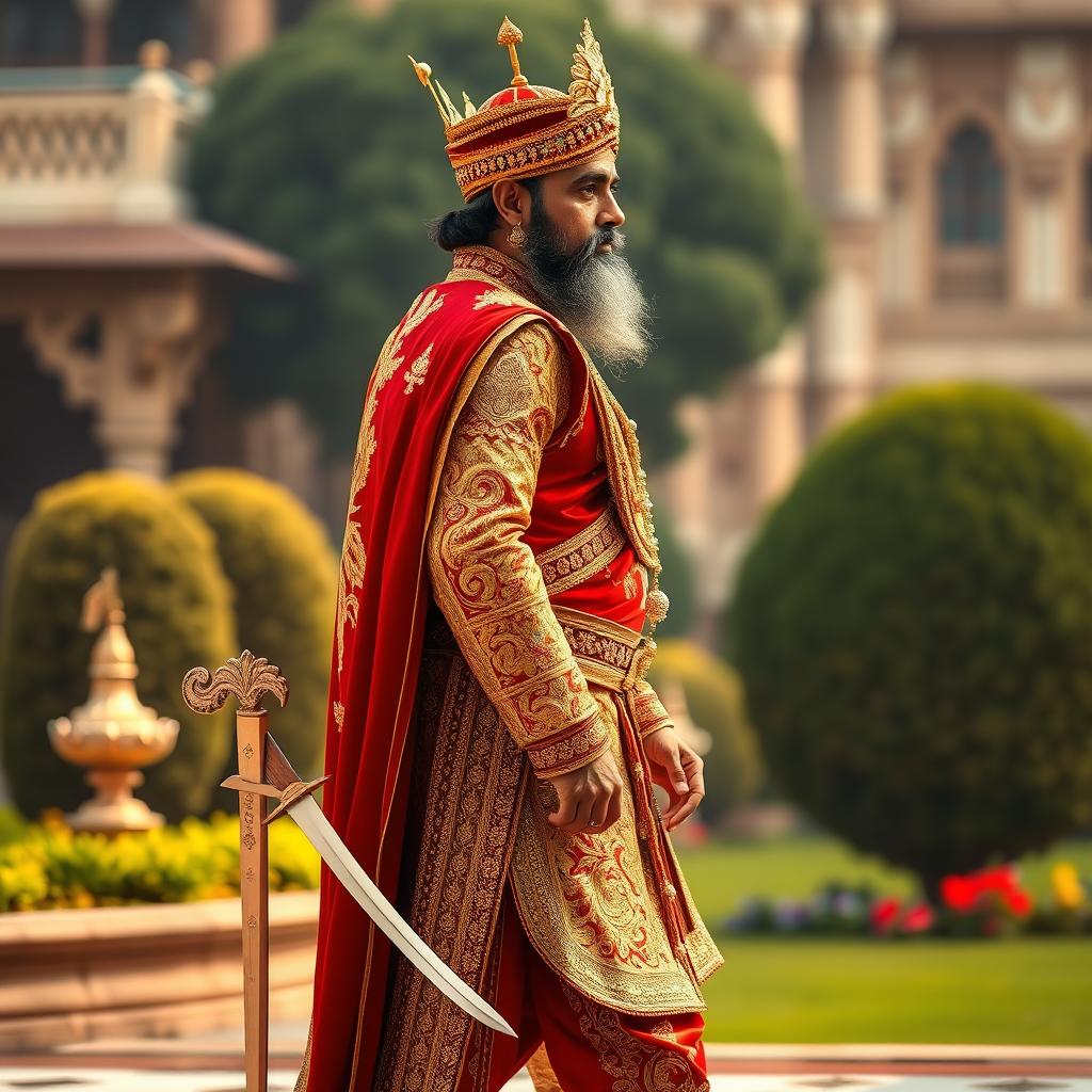A majestic Indian king in traditional regal attire, depicted in a side view while walking
