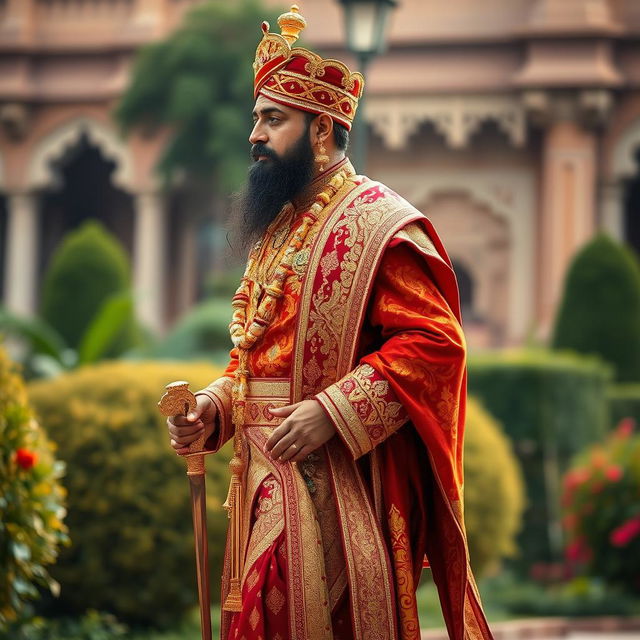 A majestic Indian king in traditional regal attire, depicted in a side view while walking