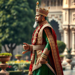 A majestic Indian king in traditional regal attire, depicted in a side view while walking
