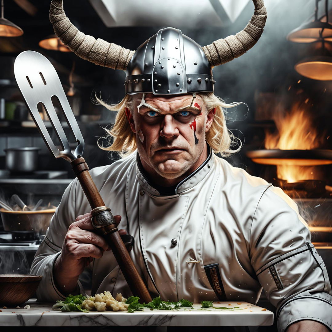 A high-quality digital art image showing Gordon Ramsay as a Viking, dual-wielding spatulas