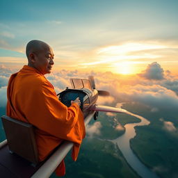 A serene monk in traditional orange robes piloting a small, vintage airplane high above a beautiful landscape
