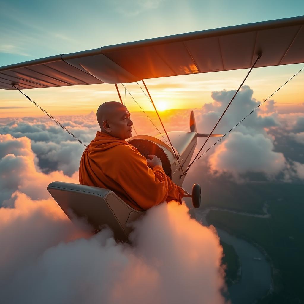 A serene monk in traditional orange robes piloting a small, vintage airplane high above a beautiful landscape