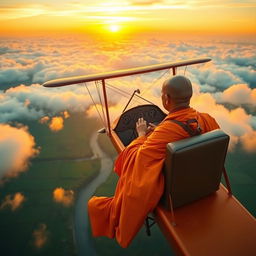 A serene monk in traditional orange robes piloting a small, vintage airplane high above a beautiful landscape