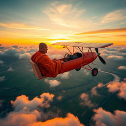 A serene monk in traditional orange robes piloting a small, vintage airplane high above a beautiful landscape