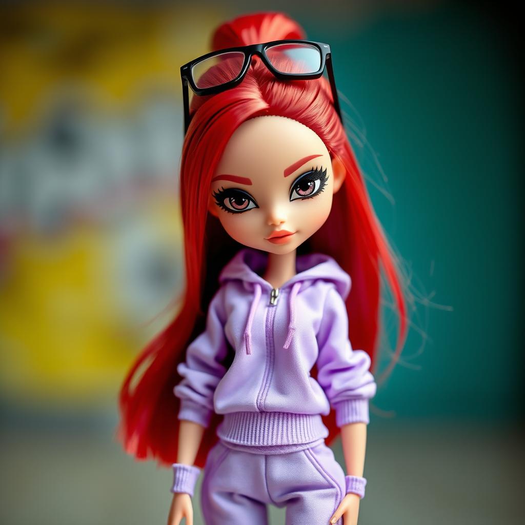 A trendy Bratz doll featuring striking black eyes and long red hair styled up, adorned with glasses resting on her head