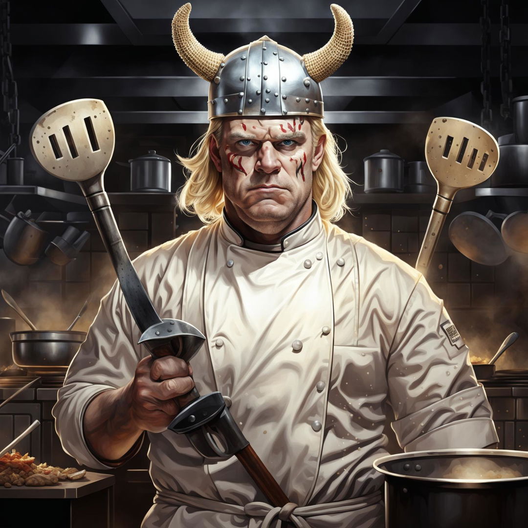 A top-tier digital art image of Gordon Ramsay as a Viking, dual-wielding two spatulas