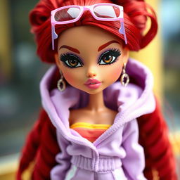 A trendy Bratz doll featuring striking black eyes and long red hair styled up, adorned with glasses resting on her head