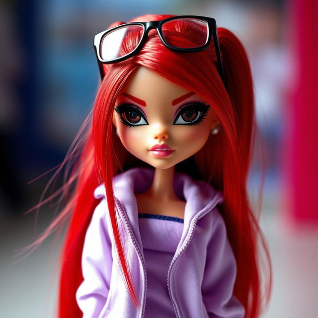 A trendy Bratz doll featuring striking black eyes and long red hair styled up, adorned with glasses resting on her head