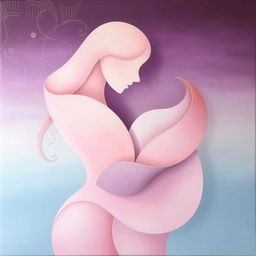 An artistic depiction of abstract shapes representing femininity, with smooth curves and gentle flowing lines, using soft pastel colors of pink and lavender, accentuated with hints of gold leaf to create visual interest