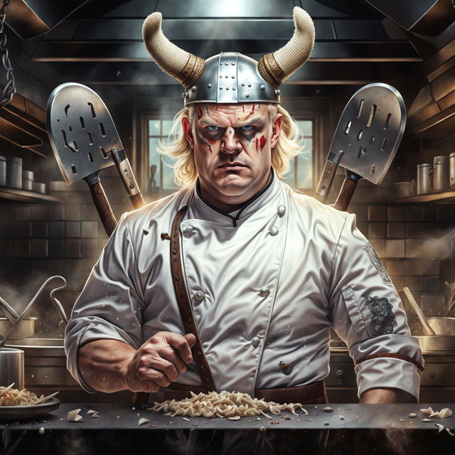 A high-end digital art image of Gordon Ramsay as a Viking, dual-wielding spatulas, one in each hand