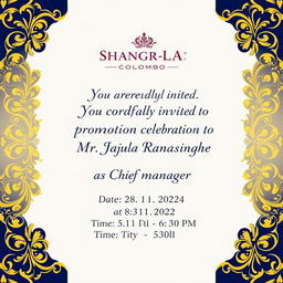 An elegant dinner invitation for a Chief Manager promotion celebration of Mr