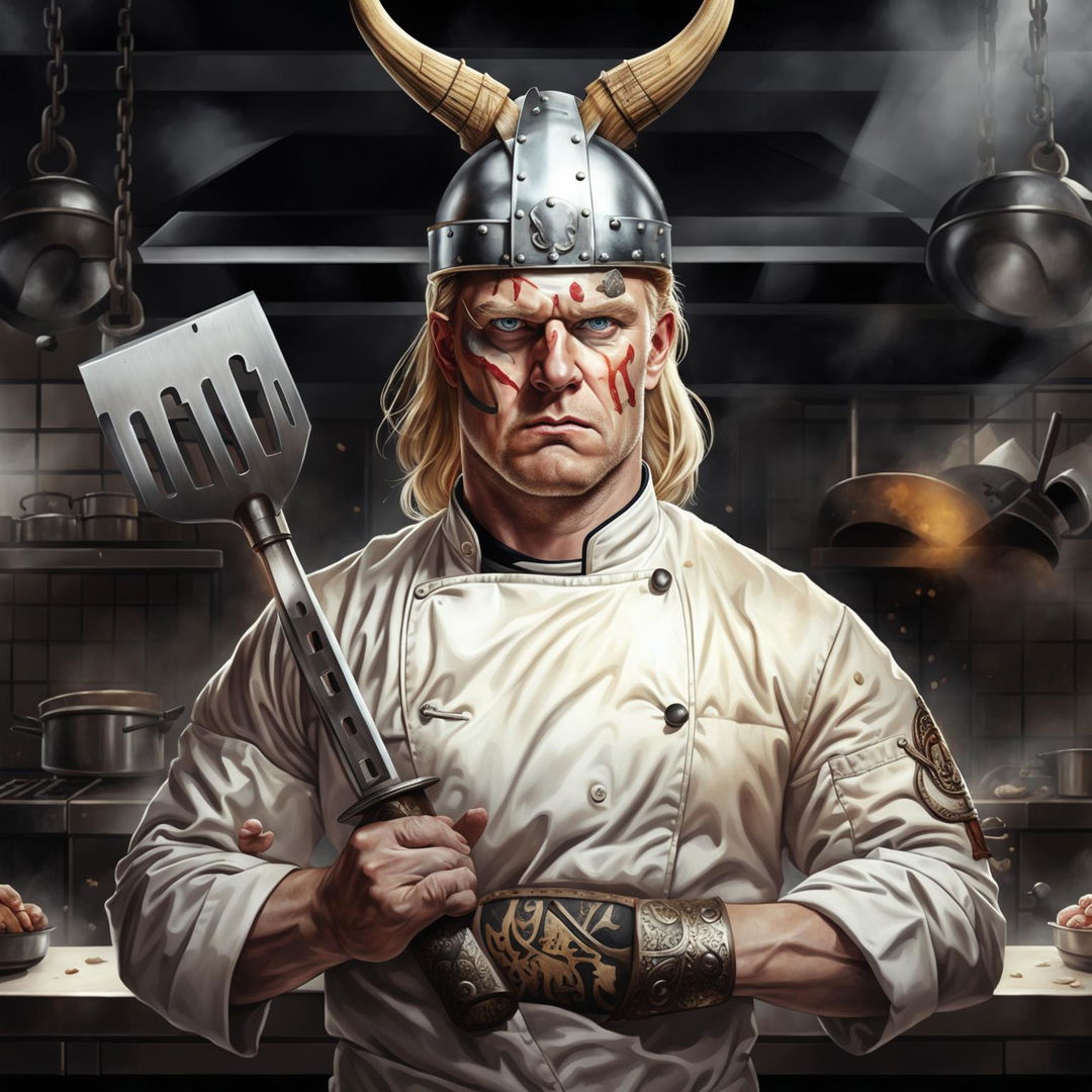 A premium digital art image of Gordon Ramsay as a Viking, dual-wielding spatulas, one firmly held in each hand in front of him