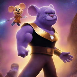 A vibrant, high-quality digital art poster featuring Mortimer Mouse and Thanos in a face-off