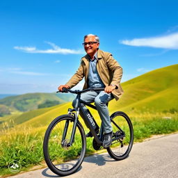 A middle-aged man, resembling KP Oli, confidently riding a modern bicycle along a scenic trail
