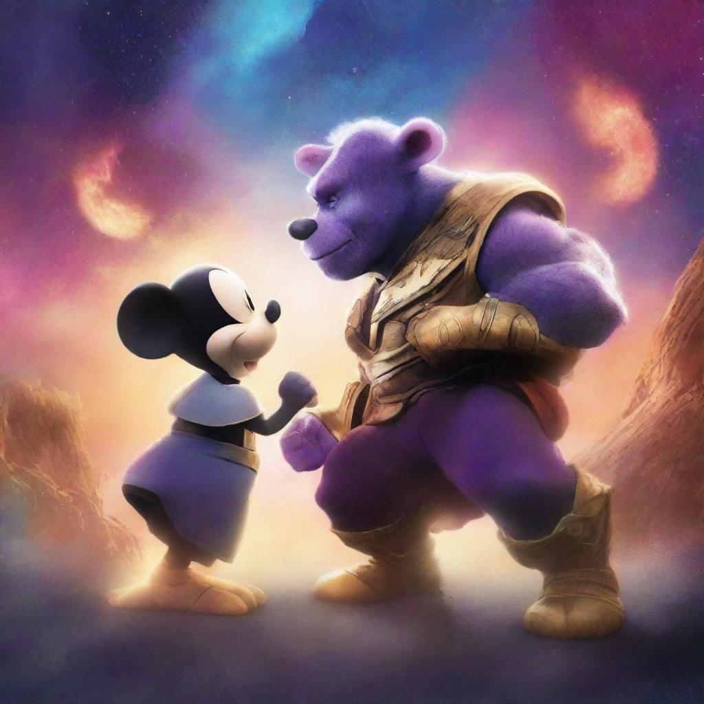 A vibrant, high-quality digital art poster featuring Mortimer Mouse and Thanos in a face-off