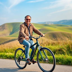A middle-aged man, resembling KP Oli, confidently riding a modern bicycle along a scenic trail