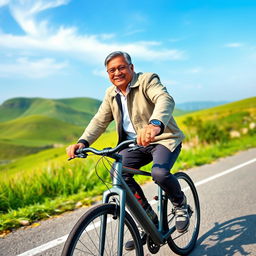 A middle-aged man, resembling KP Oli, confidently riding a modern bicycle along a scenic trail