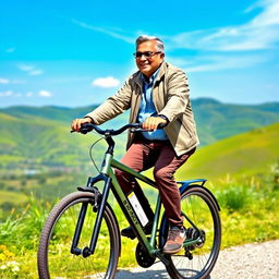 A middle-aged man, resembling KP Oli, confidently riding a modern bicycle along a scenic trail