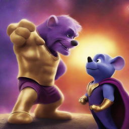 A vibrant, high-quality digital art poster featuring Mortimer Mouse and Thanos in a face-off